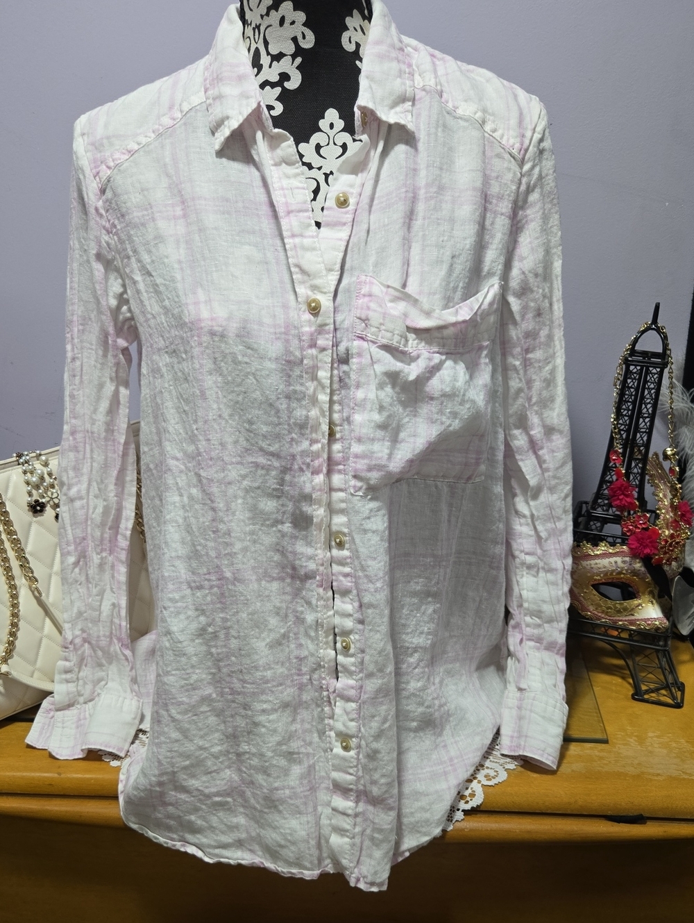Free People Light Pink Plaid Crinkle Linen Blend Button Down Shirt
